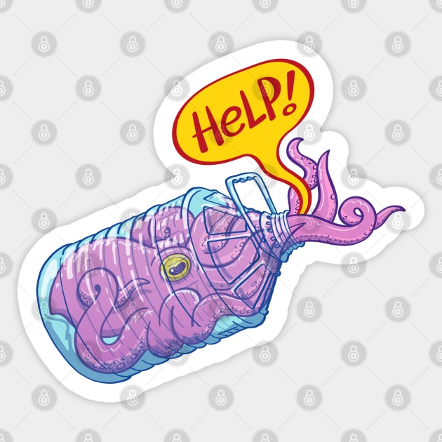 Worried octopus inside a plastic bottle asking for help Sticker by zooco